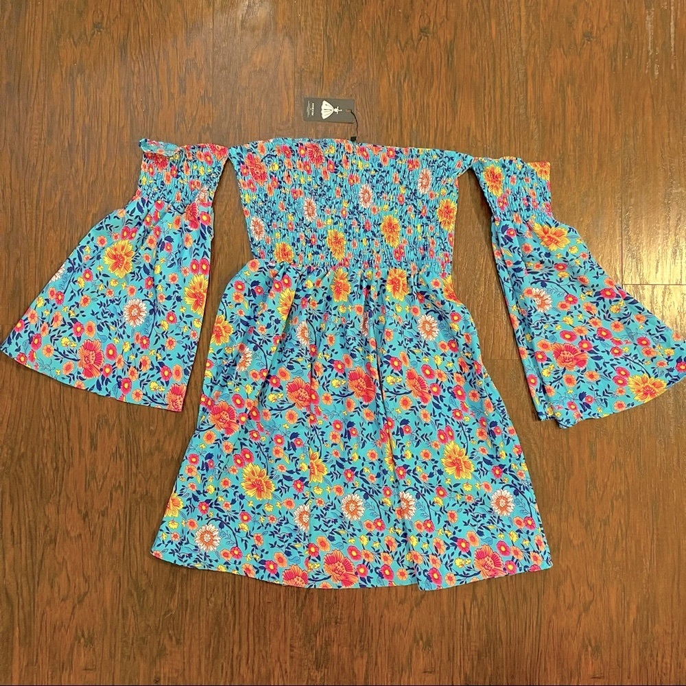 NWT Oneyim Bohemian Blue, pink orange yellow Floral, Off Shoulder XXL dress - Picture 3 of 7